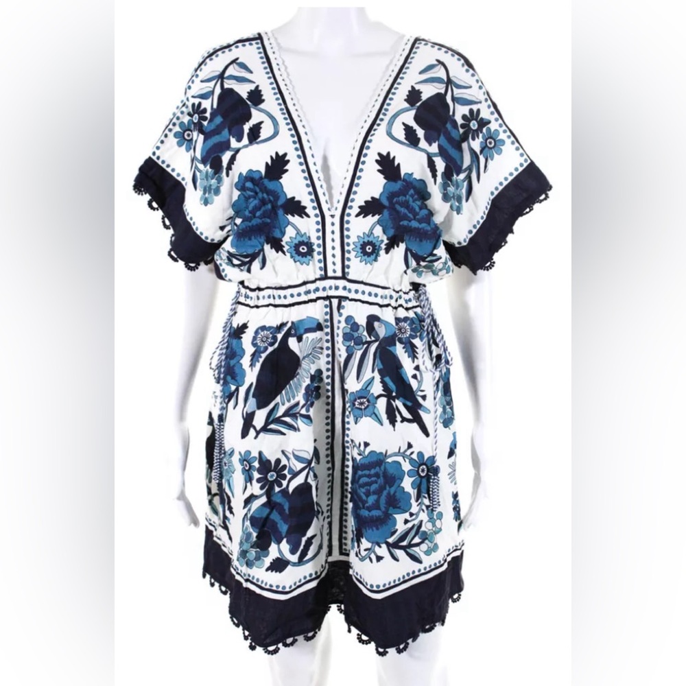 Farm Rio Womens Linen Floral Print V Neck A Line Dress White Blue Size Medium